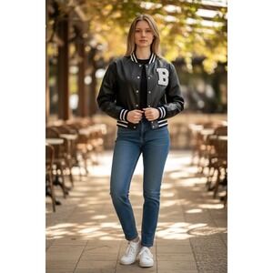 Daisy Large Faux Leather Cropped Varsity Jacket Women's Sports Black New